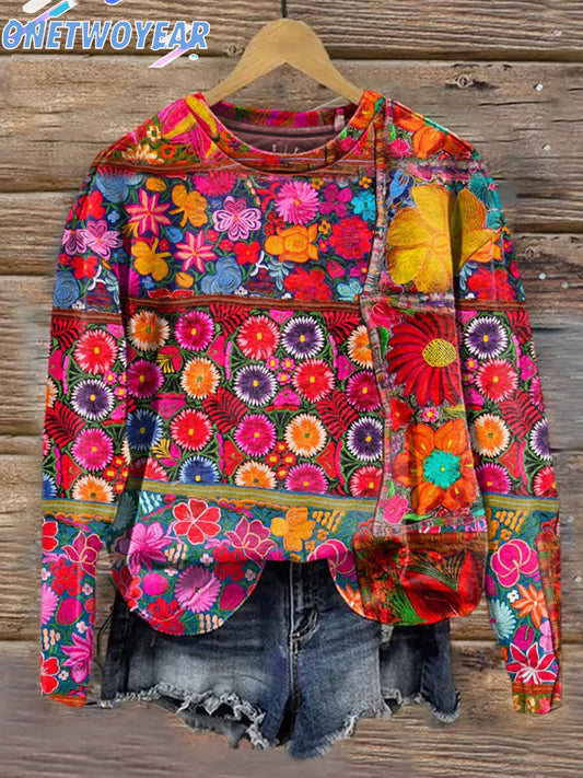 Women's Hippie Patchwork Floral Casual Printed Sweatshirt