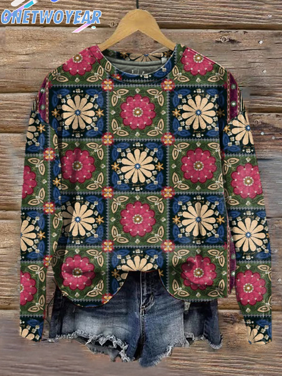 Women's Hippie Retro Floral Casual Printed Sweatshirt