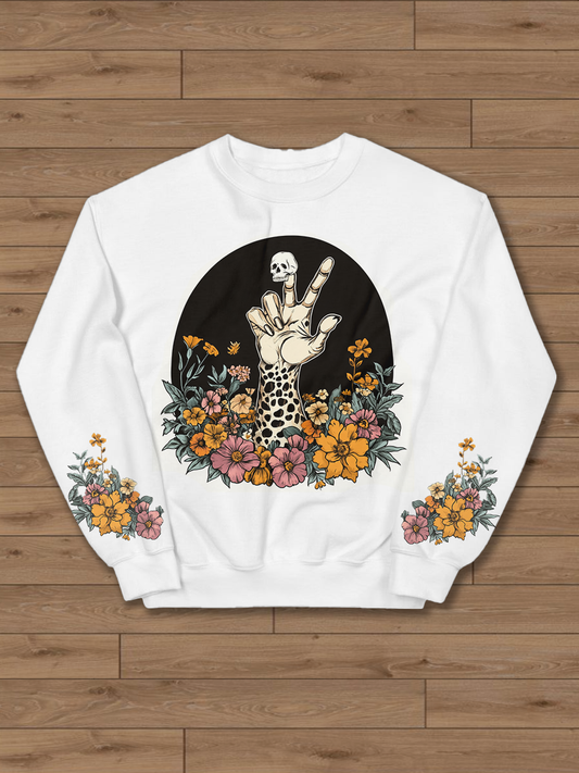 Floral skull palm print crew neck casual sweatshirt