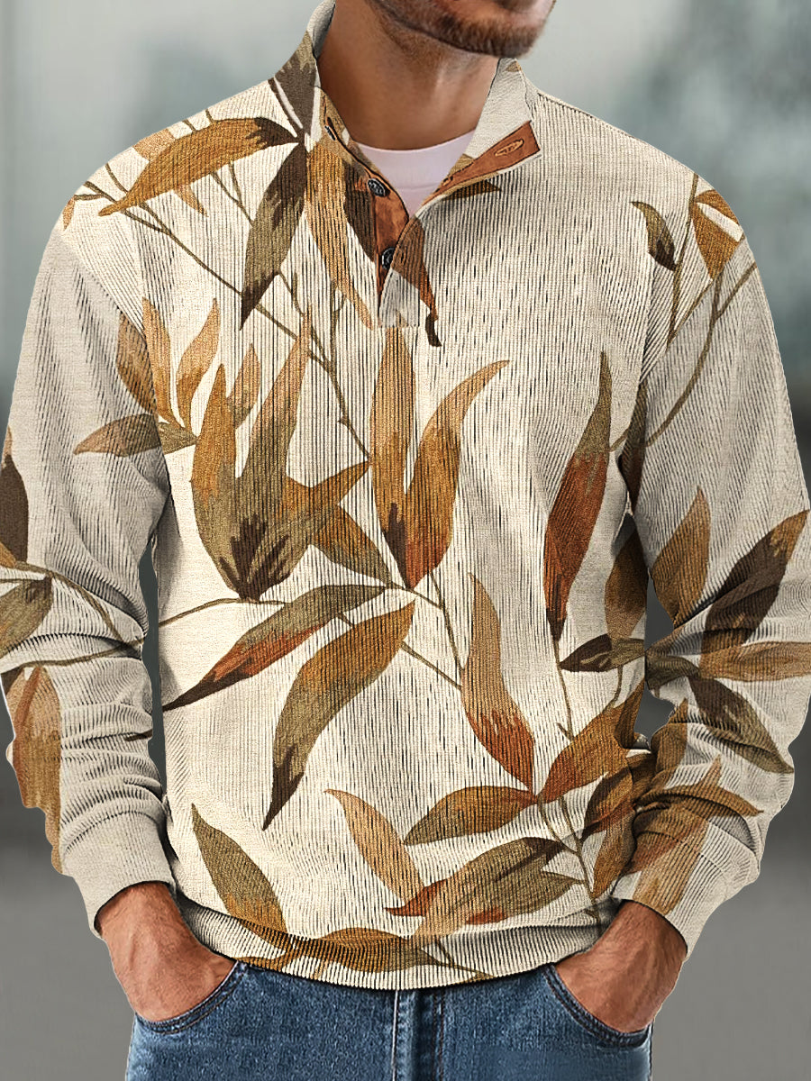 Gentleman Vintage Abstract Bamboo Leaf Pattern Corduroy Stand-Up Sweatshirt