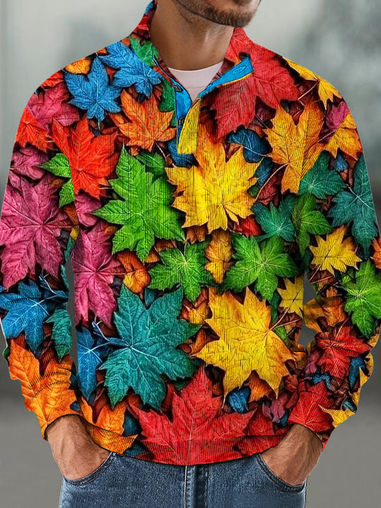 Gentleman Vintage Iridescent Maple Leaf Pattern Corduroy Stand-Up Sweatshirt