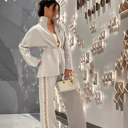🌸Spring Specials🌸 Women's Elegant Sequin-Trimmed Top and Wide-Leg Pants (2-piece set)