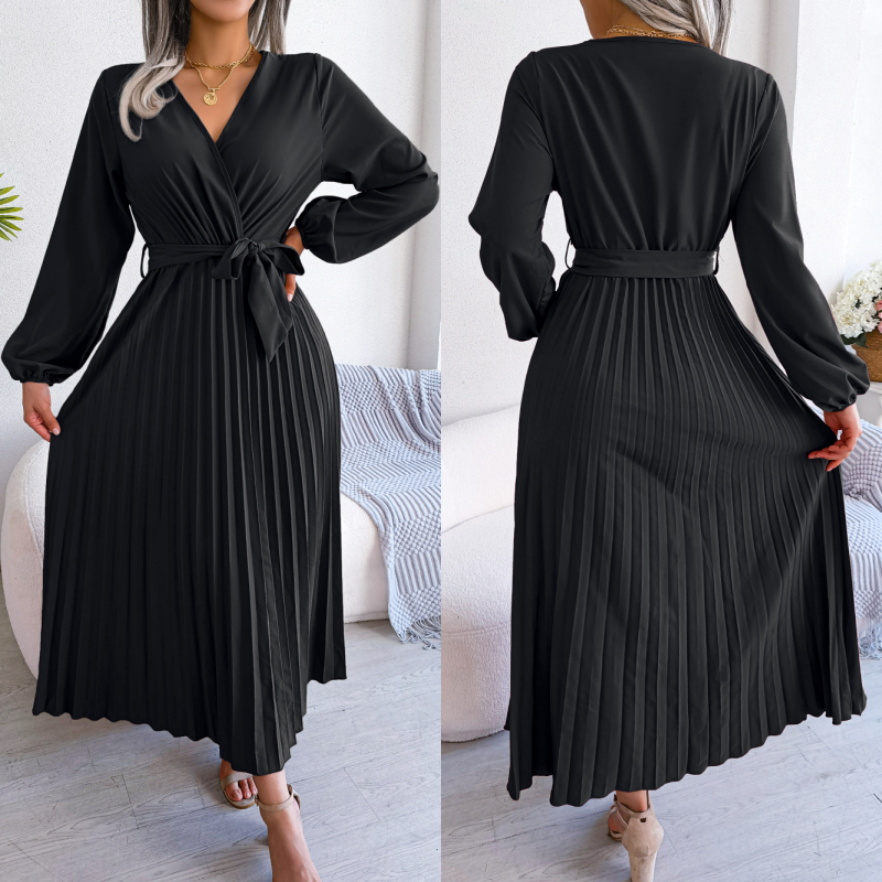 Women's Long Length Pleated Wrap Tie Dress