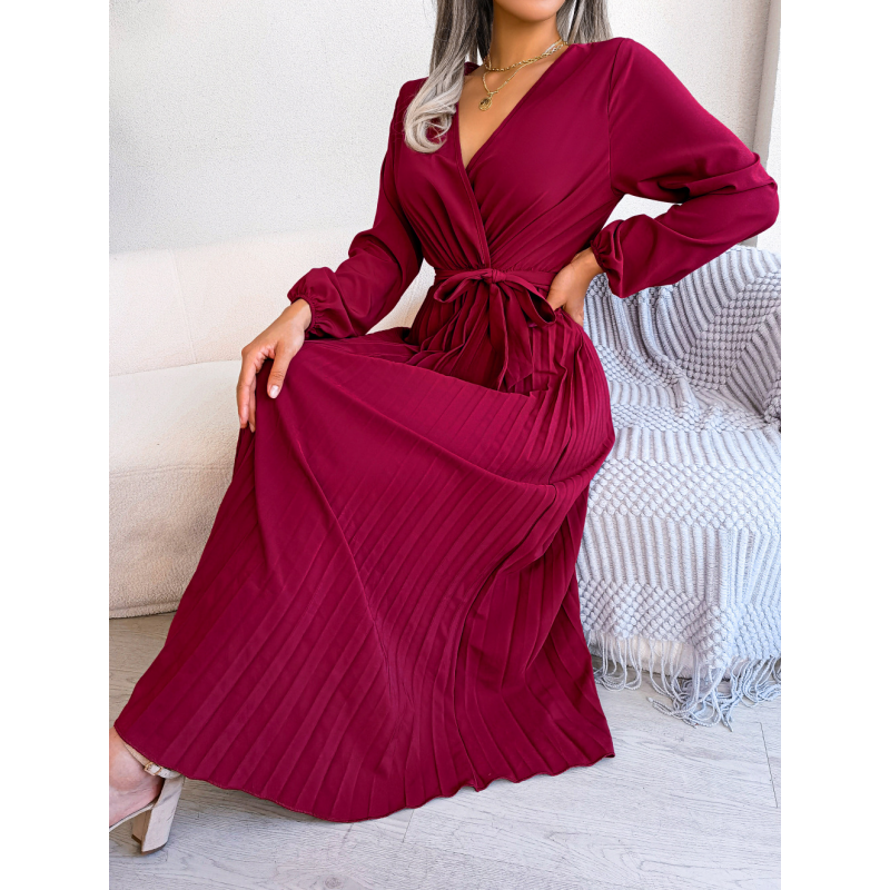 Women's Long Length Pleated Wrap Tie Dress