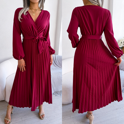 Women's Long Length Pleated Wrap Tie Dress