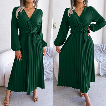 Women's Long Length Pleated Wrap Tie Dress