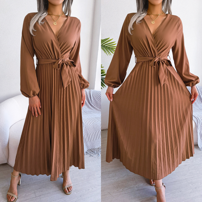 Women's Long Length Pleated Wrap Tie Dress