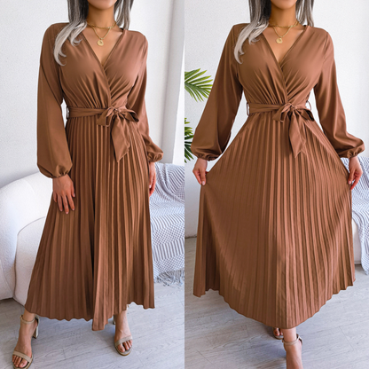 Women's Long Length Pleated Wrap Tie Dress