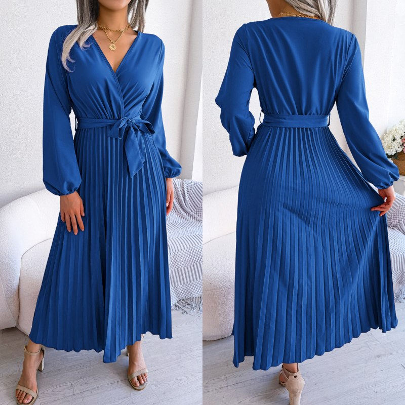 Women's Long Length Pleated Wrap Tie Dress