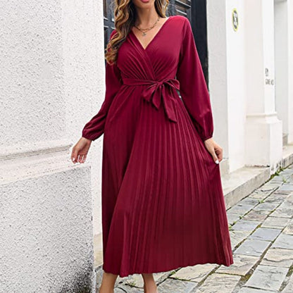 Women's Long Length Pleated Wrap Tie Dress