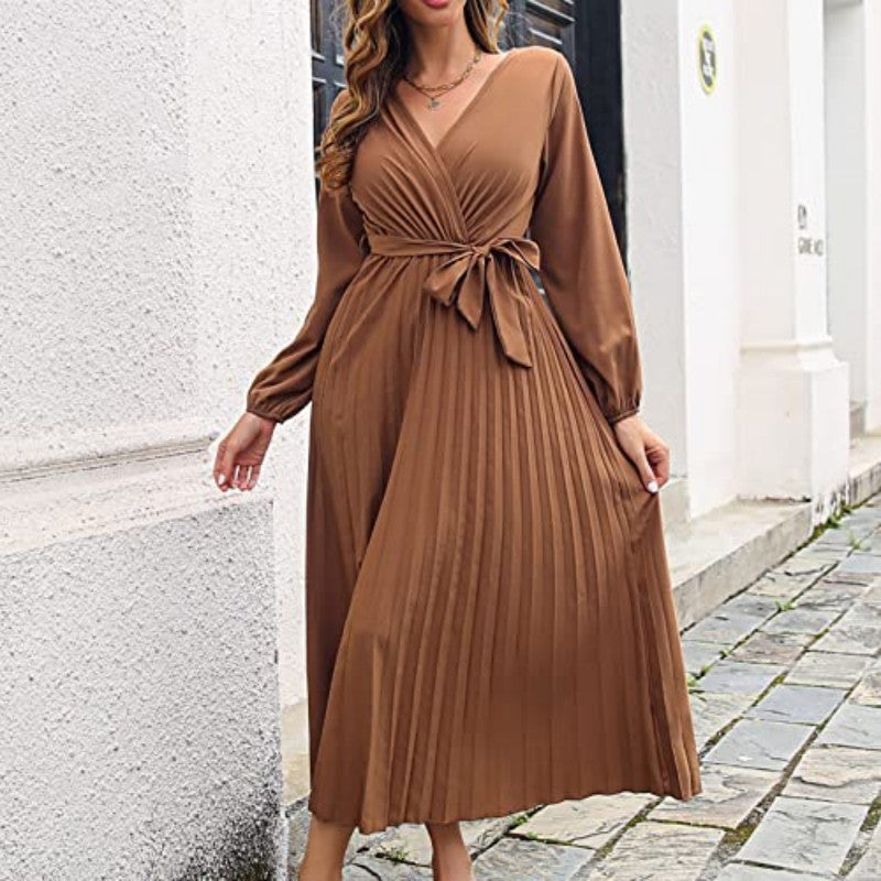 Women's Long Length Pleated Wrap Tie Dress