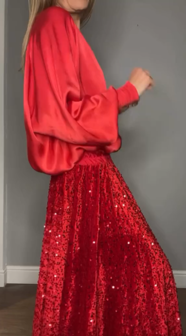 ✨New Arrival✨Women's Long Sleeve Top & Sequin Maxi Skirt Two-Piece Set