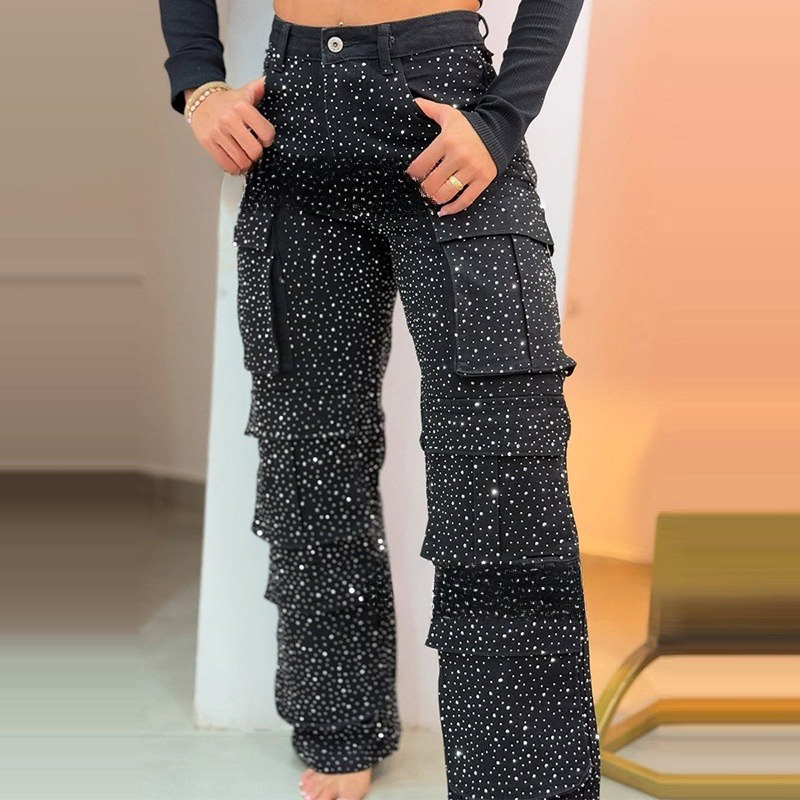 💎Women's Rhinestone Wide - Leg Pants with Pockets | Sparkle & Style