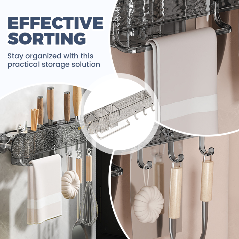 Wall-Mounted Organizer Rack with Hooks for Kitchen