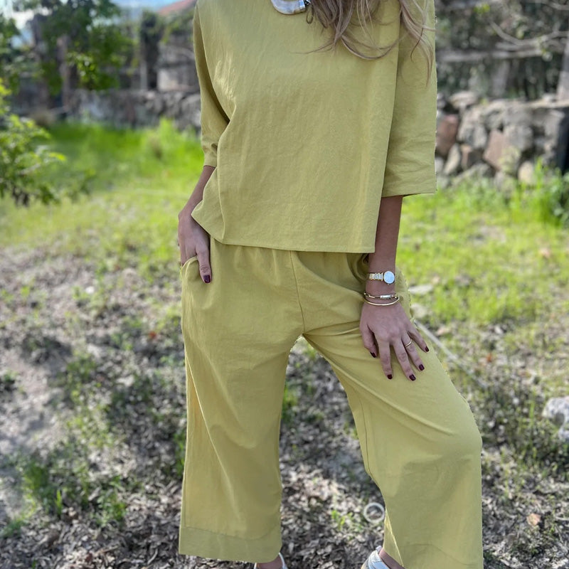 Solid Color Cotton Linen 2-Piece Set