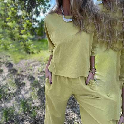 Solid Color Cotton Linen 2-Piece Set