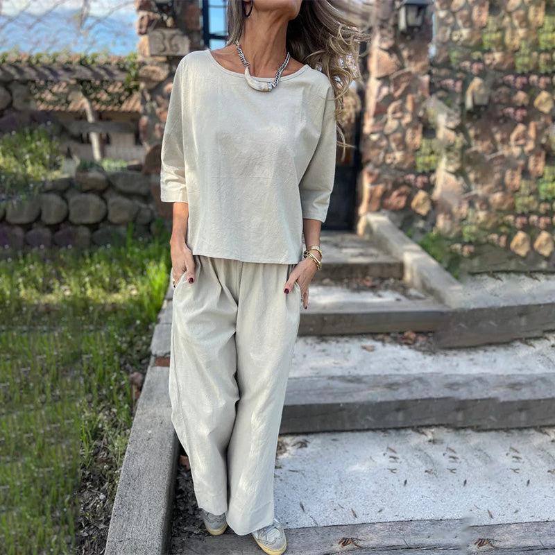 Solid Color Cotton Linen 2-Piece Set