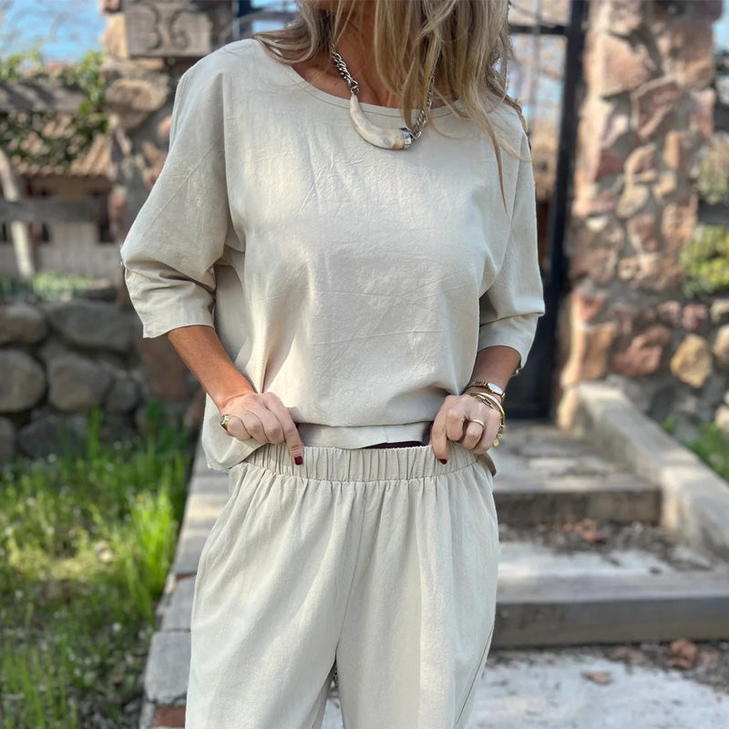 Solid Color Cotton Linen 2-Piece Set