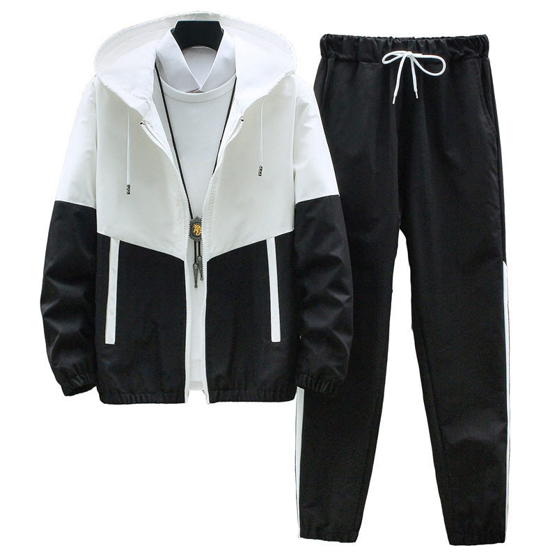 Men's Comfortable Color-Block Hooded Jacket & Drawstring Pants