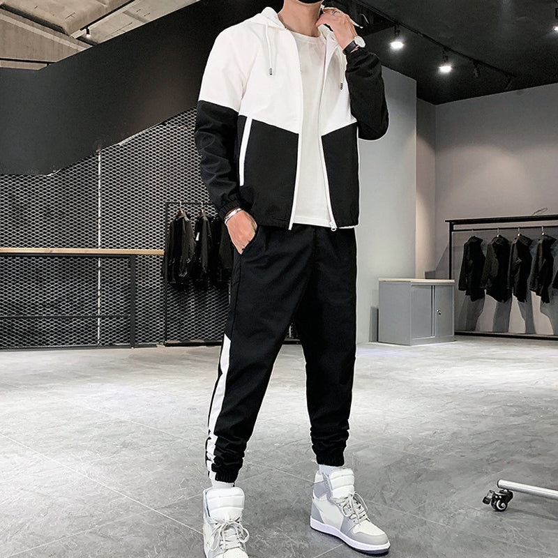 Men's Comfortable Color-Block Hooded Jacket & Drawstring Pants