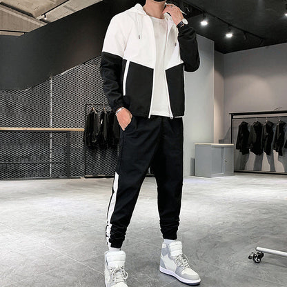 Men's Comfortable Color-Block Hooded Jacket & Drawstring Pants