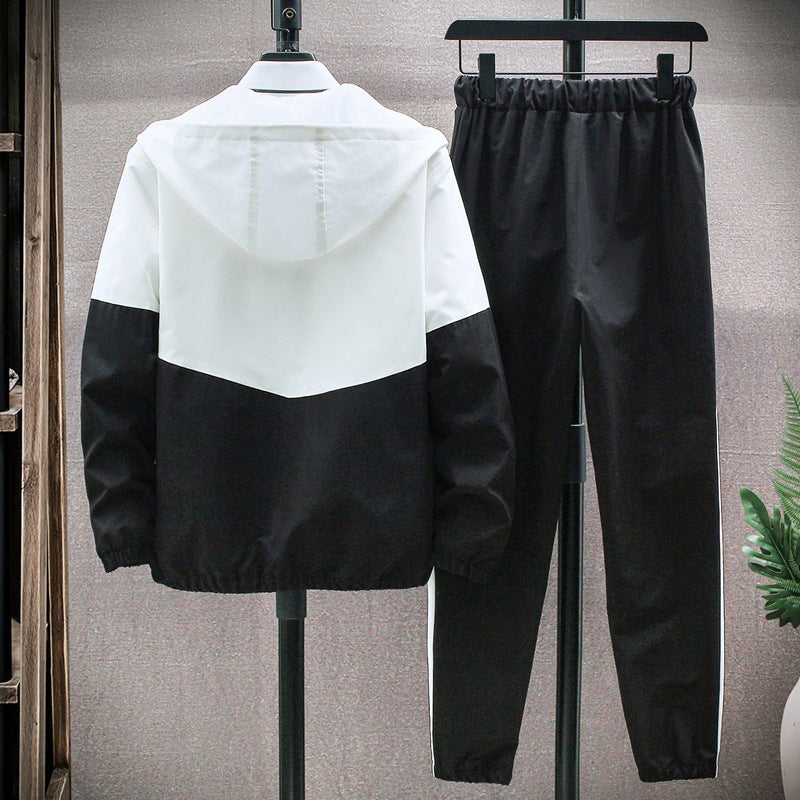 Men's Comfortable Color-Block Hooded Jacket & Drawstring Pants