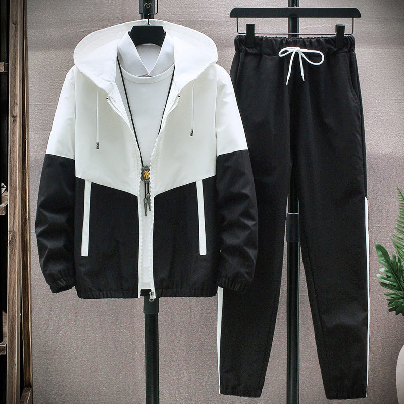 Men's Comfortable Color-Block Hooded Jacket & Drawstring Pants