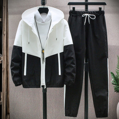 Men's Comfortable Color-Block Hooded Jacket & Drawstring Pants