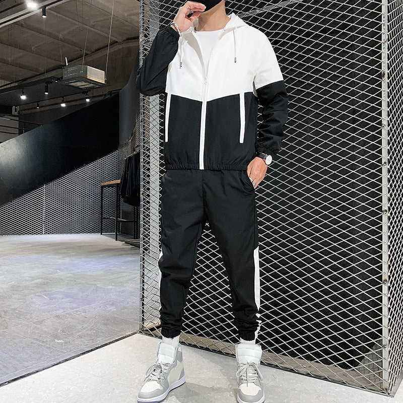 Men's Comfortable Color-Block Hooded Jacket & Drawstring Pants