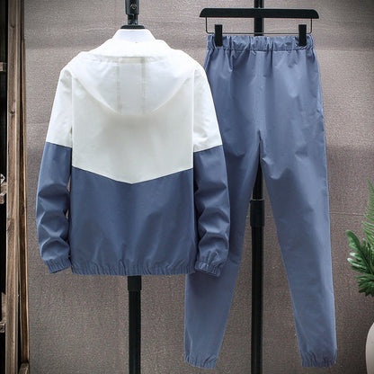 Men's Comfortable Color-Block Hooded Jacket & Drawstring Pants