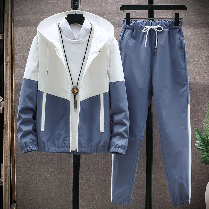 Men's Comfortable Color-Block Hooded Jacket & Drawstring Pants