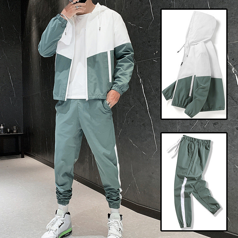 Men's Comfortable Color-Block Hooded Jacket & Drawstring Pants