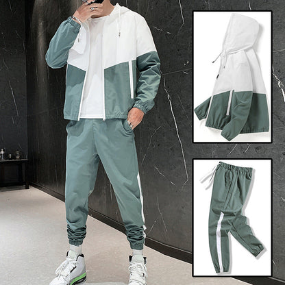 Men's Comfortable Color-Block Hooded Jacket & Drawstring Pants
