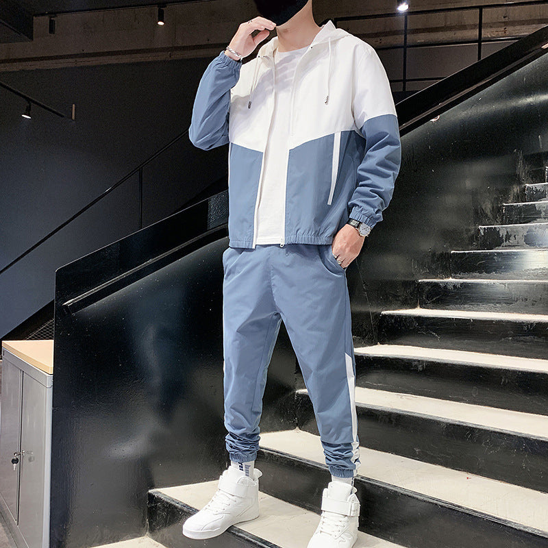 Men's Comfortable Color-Block Hooded Jacket & Drawstring Pants