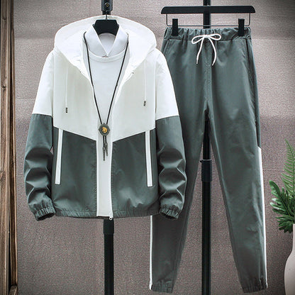Men's Comfortable Color-Block Hooded Jacket & Drawstring Pants
