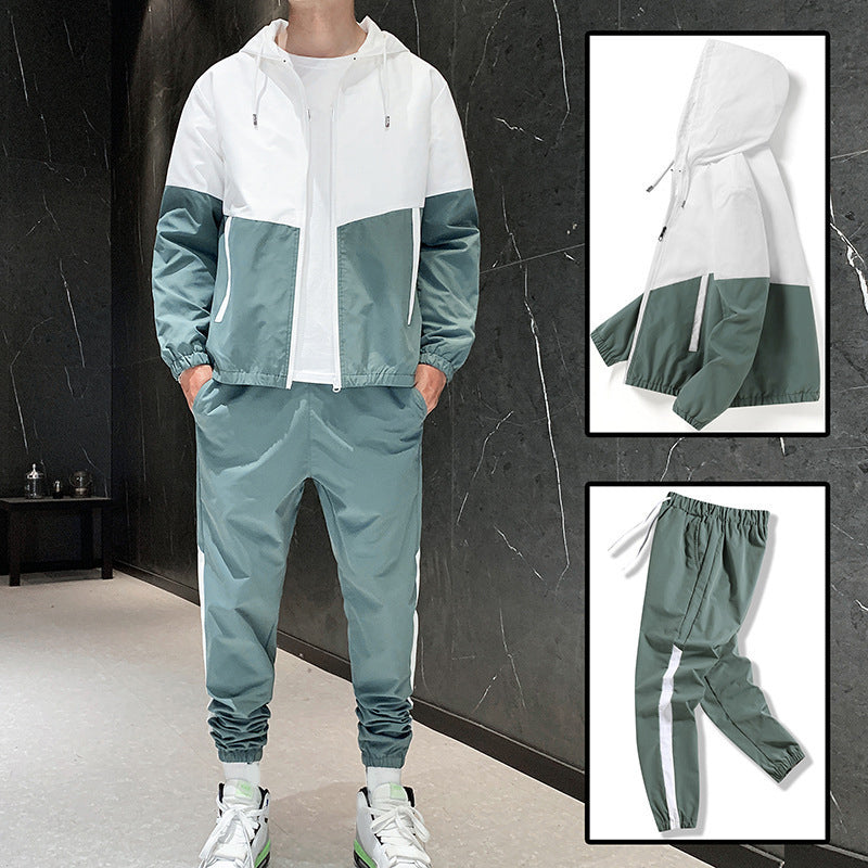 Men's Comfortable Color-Block Hooded Jacket & Drawstring Pants