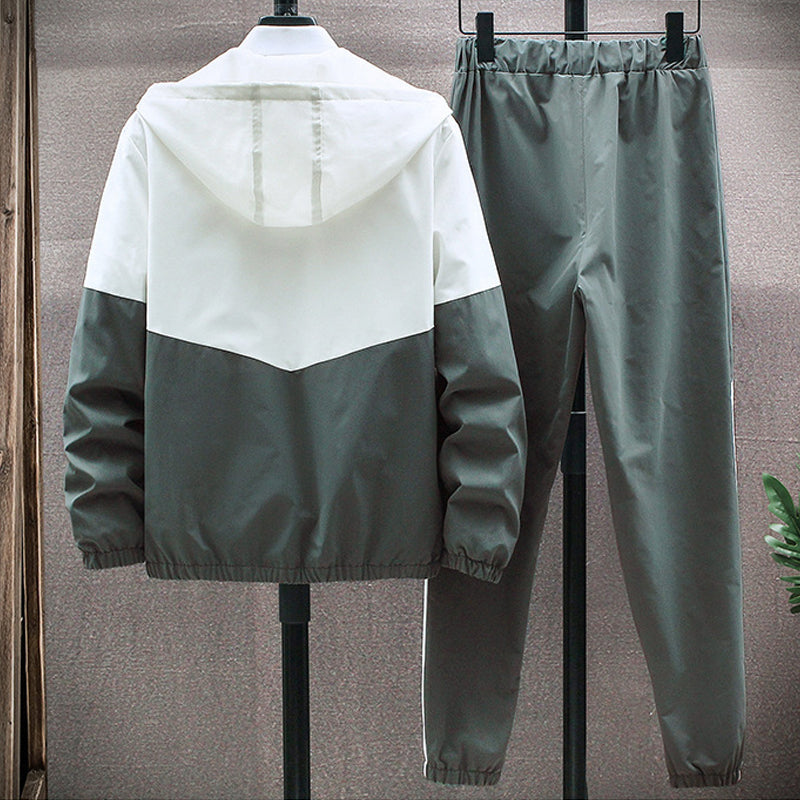 Men's Comfortable Color-Block Hooded Jacket & Drawstring Pants