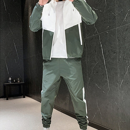 Men's Comfortable Color-Block Hooded Jacket & Drawstring Pants