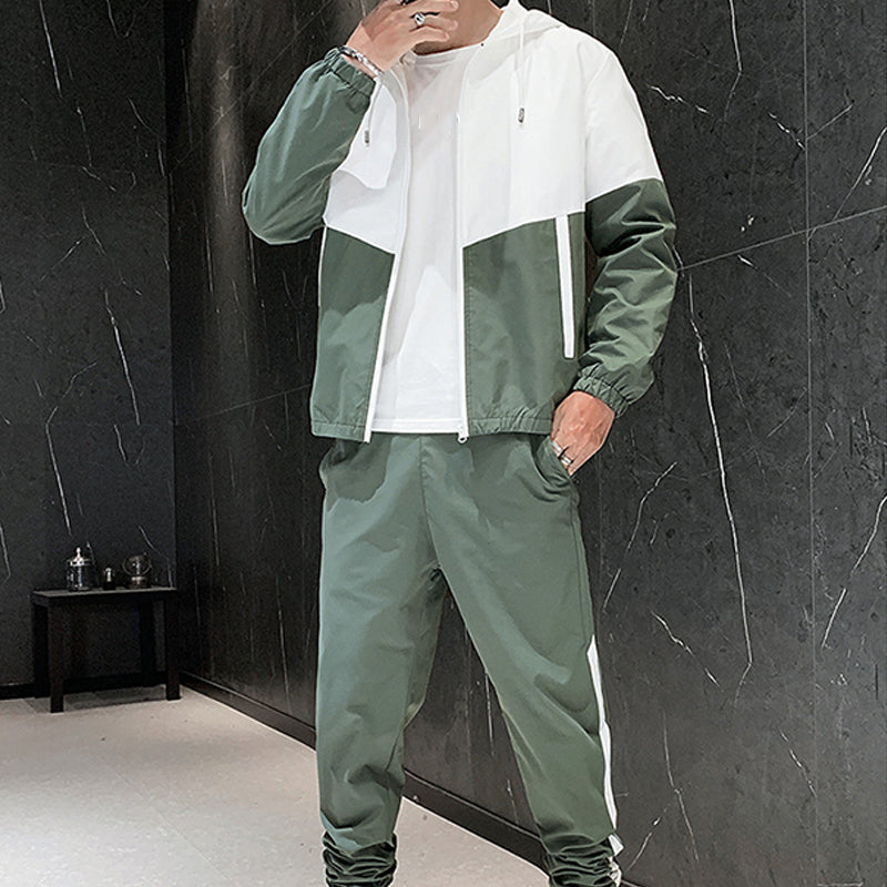 Men's Comfortable Color-Block Hooded Jacket & Drawstring Pants