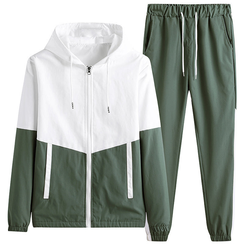 Men's Comfortable Color-Block Hooded Jacket & Drawstring Pants