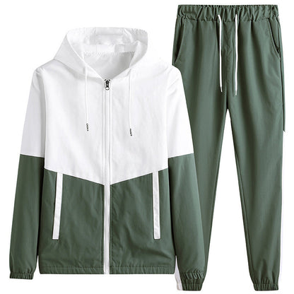 Men's Comfortable Color-Block Hooded Jacket & Drawstring Pants
