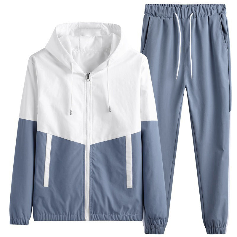 Men's Comfortable Color-Block Hooded Jacket & Drawstring Pants