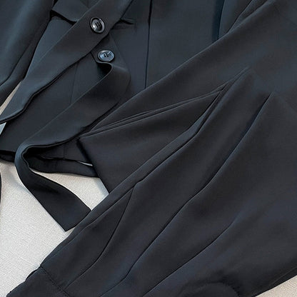 Women's Formal Office 2-Piece Set: Tie-Front Blazer & Wide Leg Pants