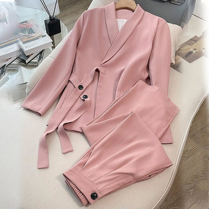 Women's Formal Office 2-Piece Set: Tie-Front Blazer & Wide Leg Pants