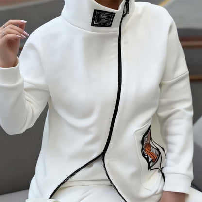 Women Casual Stand Collar Zip-up Jacket & Pants Set