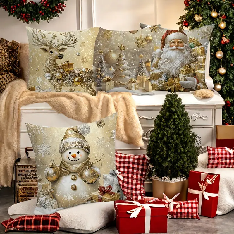 Set of 4 Golden Christmas Theme Pillow Covers