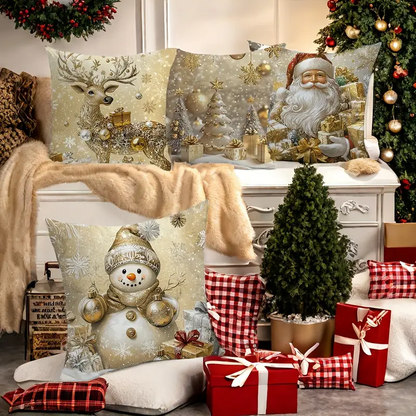 Set of 4 Golden Christmas Theme Pillow Covers