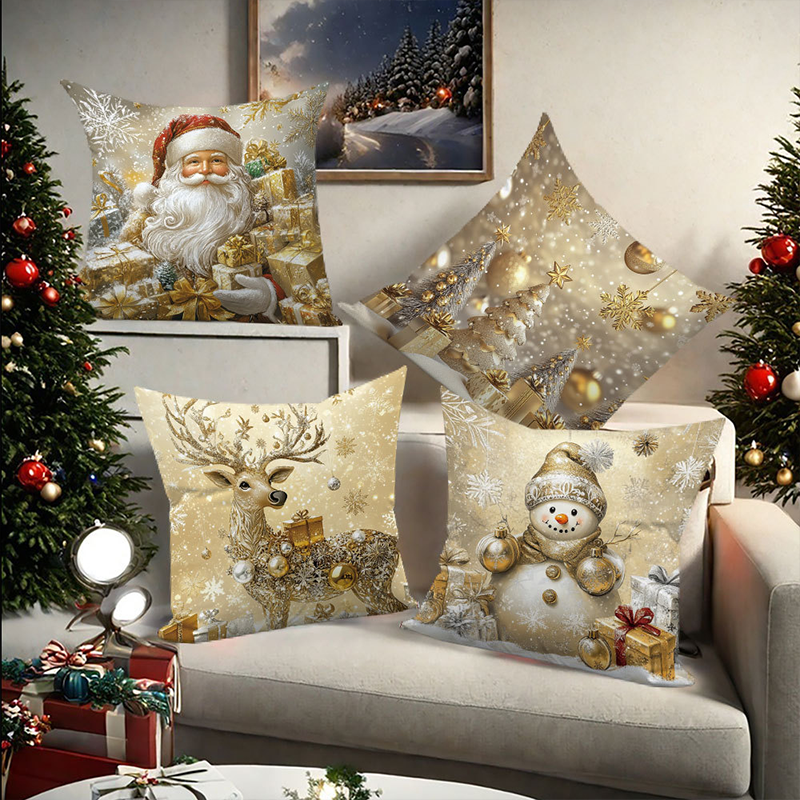 Set of 4 Golden Christmas Theme Pillow Covers