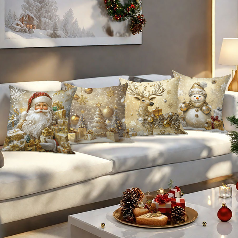 Set of 4 Golden Christmas Theme Pillow Covers
