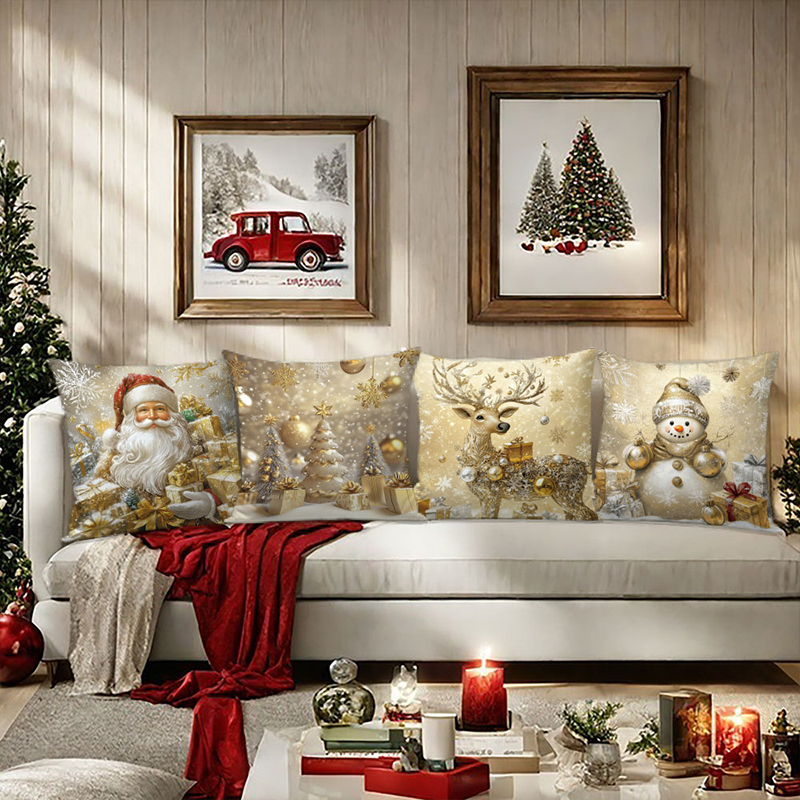 Set of 4 Golden Christmas Theme Pillow Covers